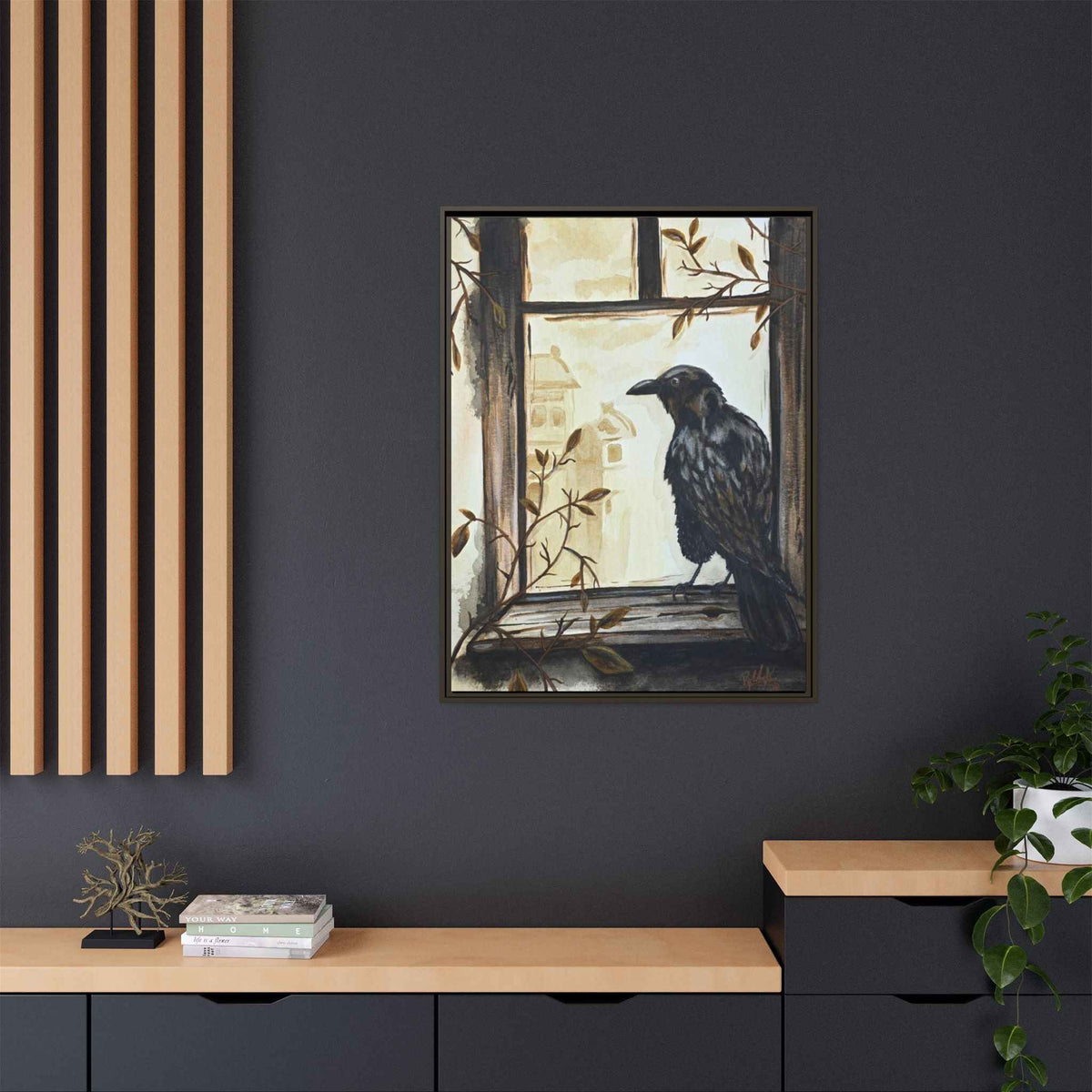Framed Matte Canvas Print — Raven on Windowpane Wall Art