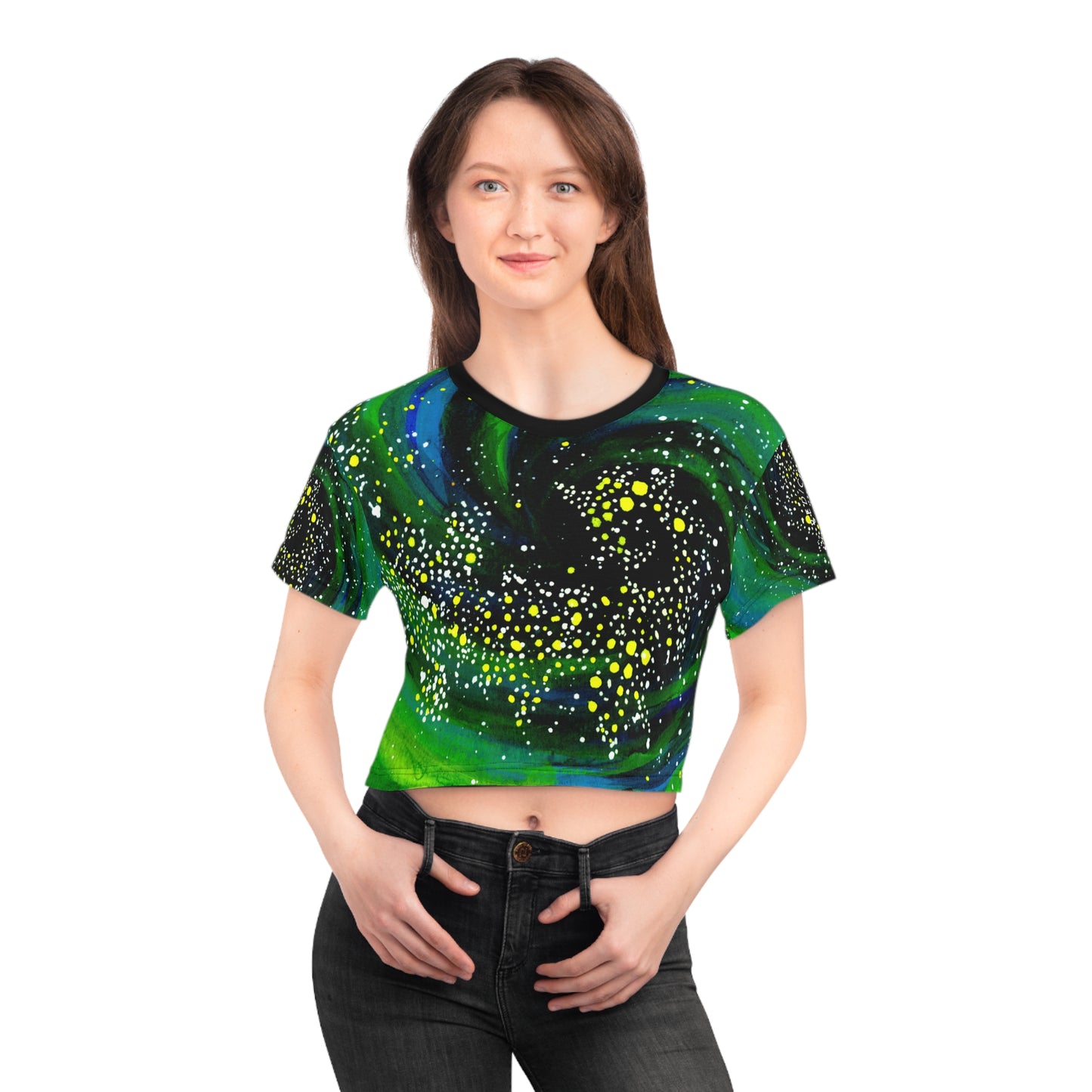 Galactic Swirl Crop Tee — Neon Green Space Galaxy Print