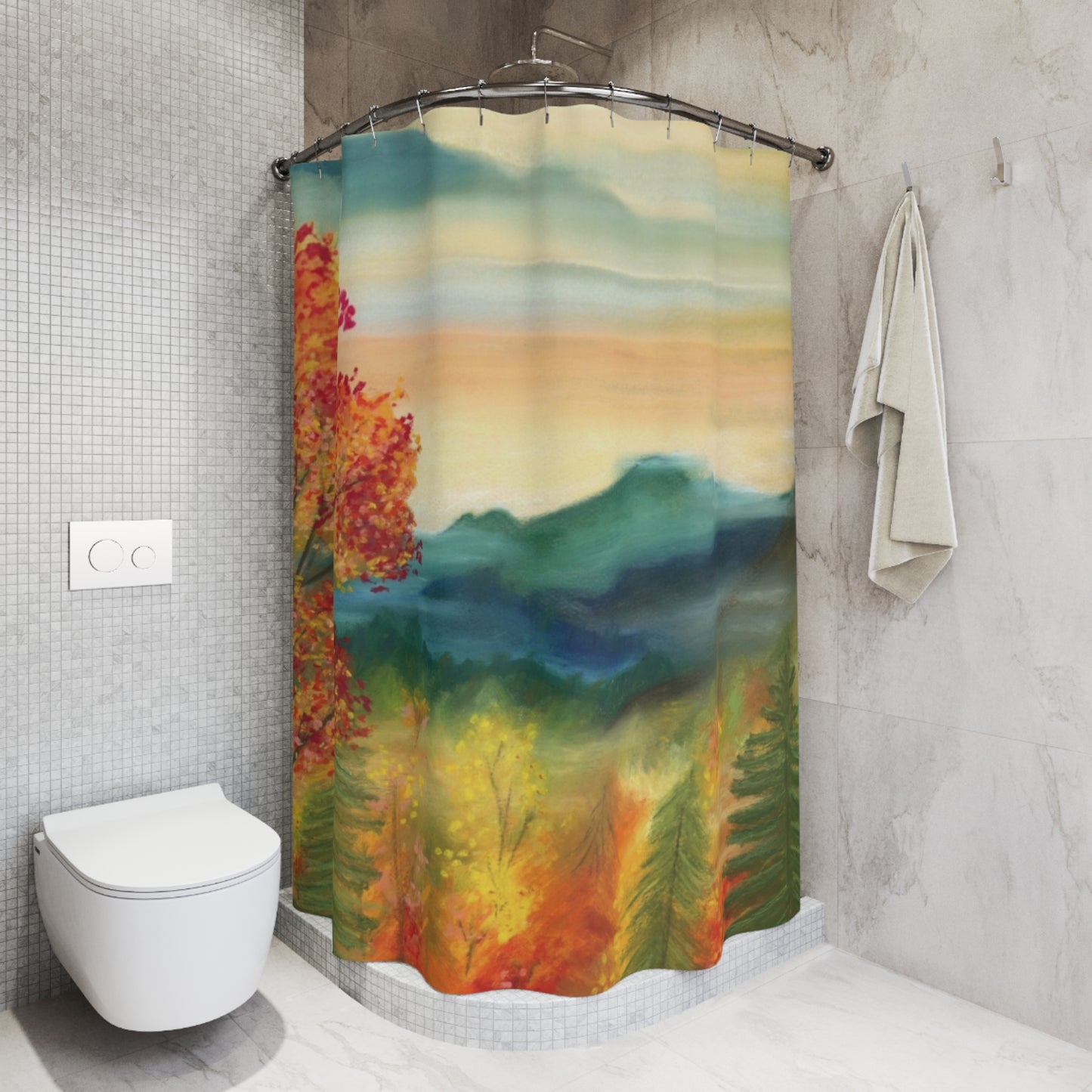 Autumn Mountain Landscape Shower Curtain — Watercolor Fall Trees Bathroom Decor
