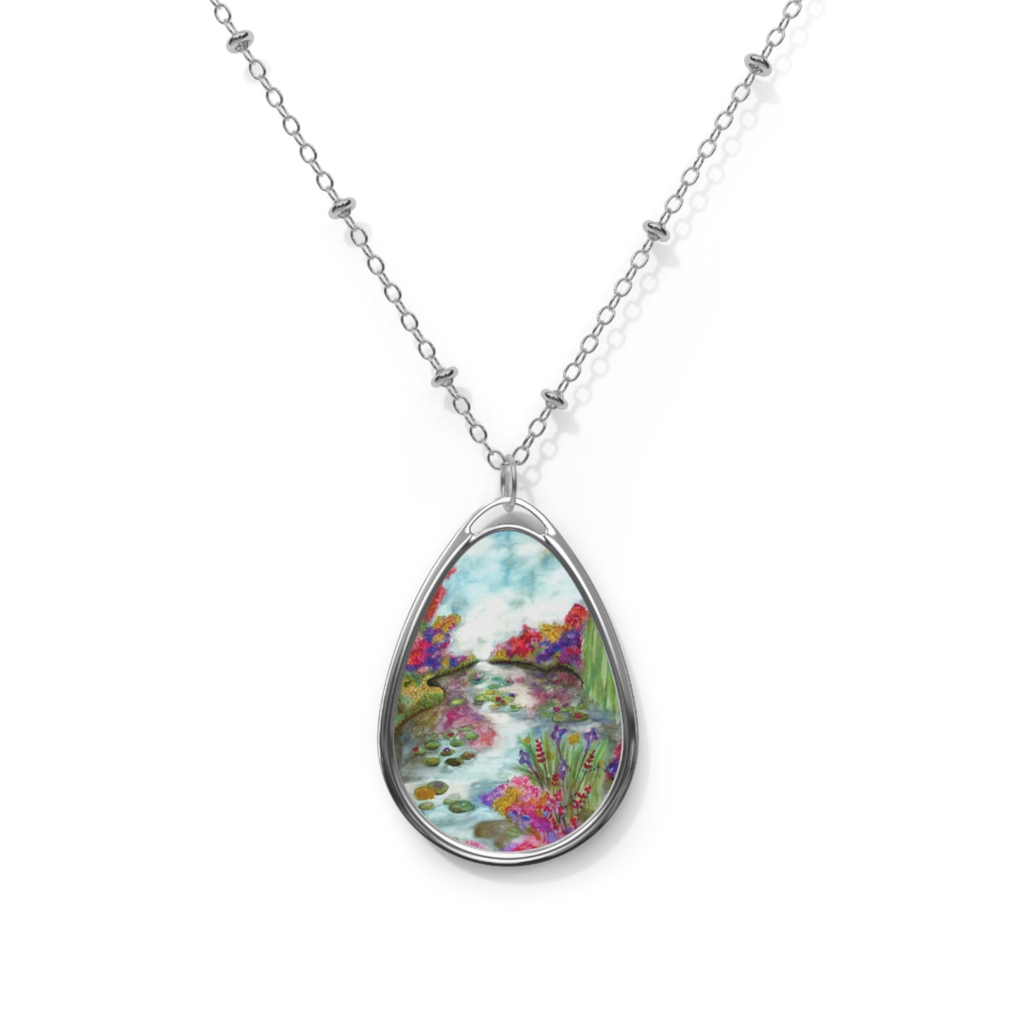 Silver Oval Pendant Necklace with Hand-painted Flowers on the Pond Nature Art
