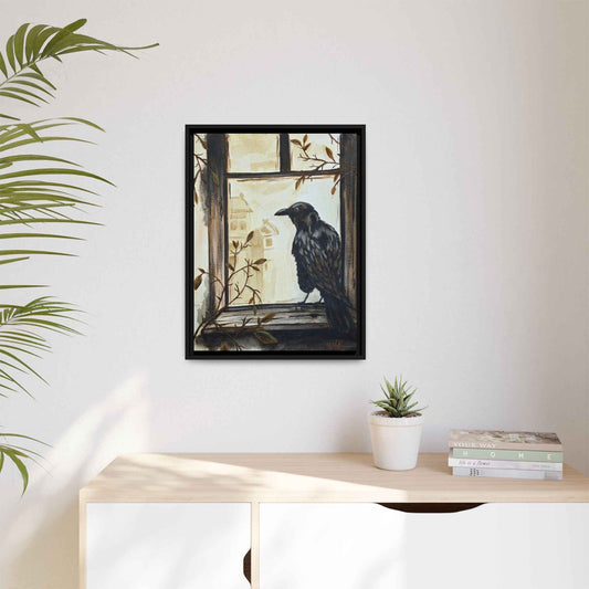 Framed Matte Canvas Print — Raven on Windowpane Wall Art
