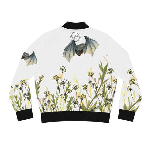 Floral Bat Bomber Jacket — Women's Graphic Bomber with Meadow & Flying Bats