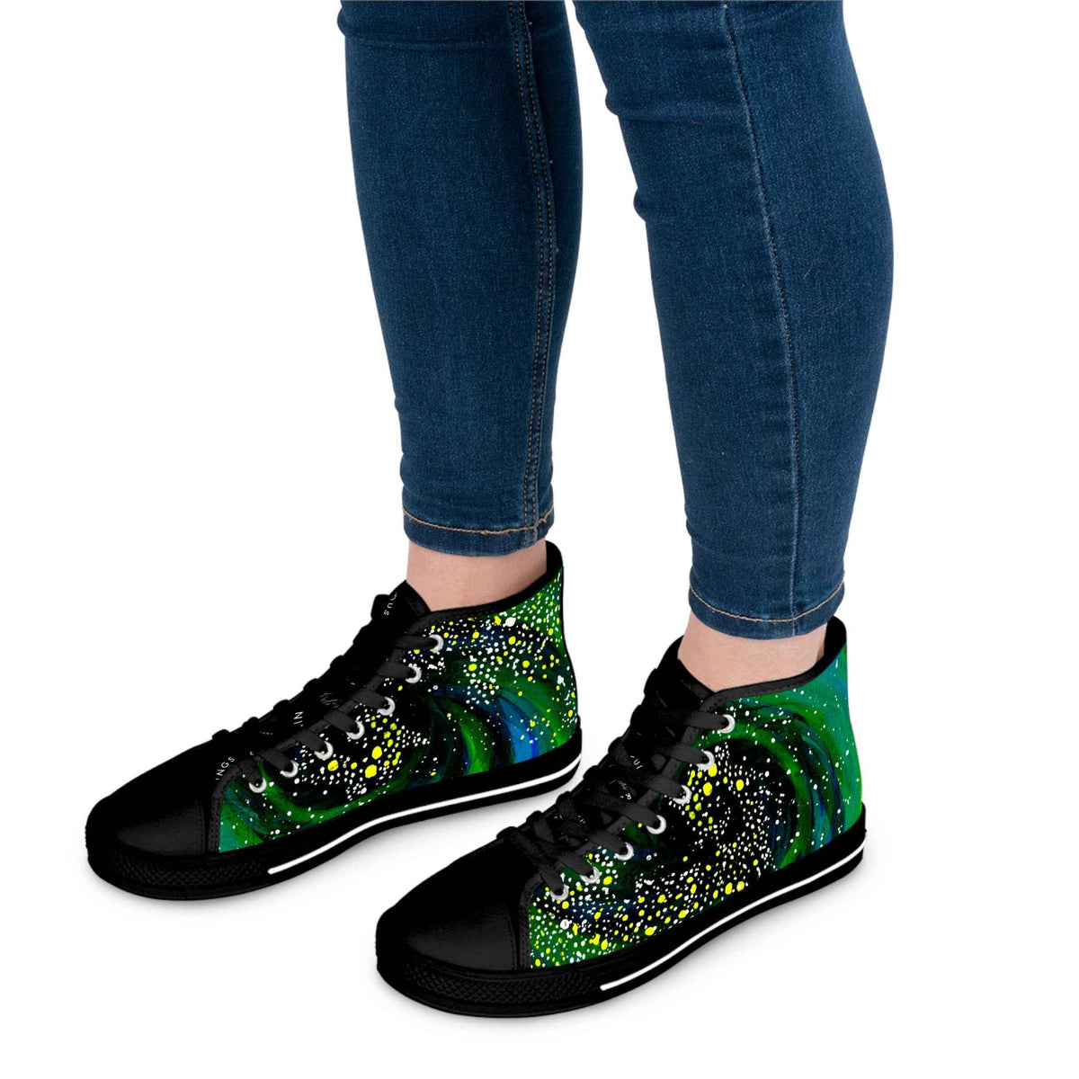 Galaxy Green Women's High-Top Sneakers — Cosmic Swirl Design