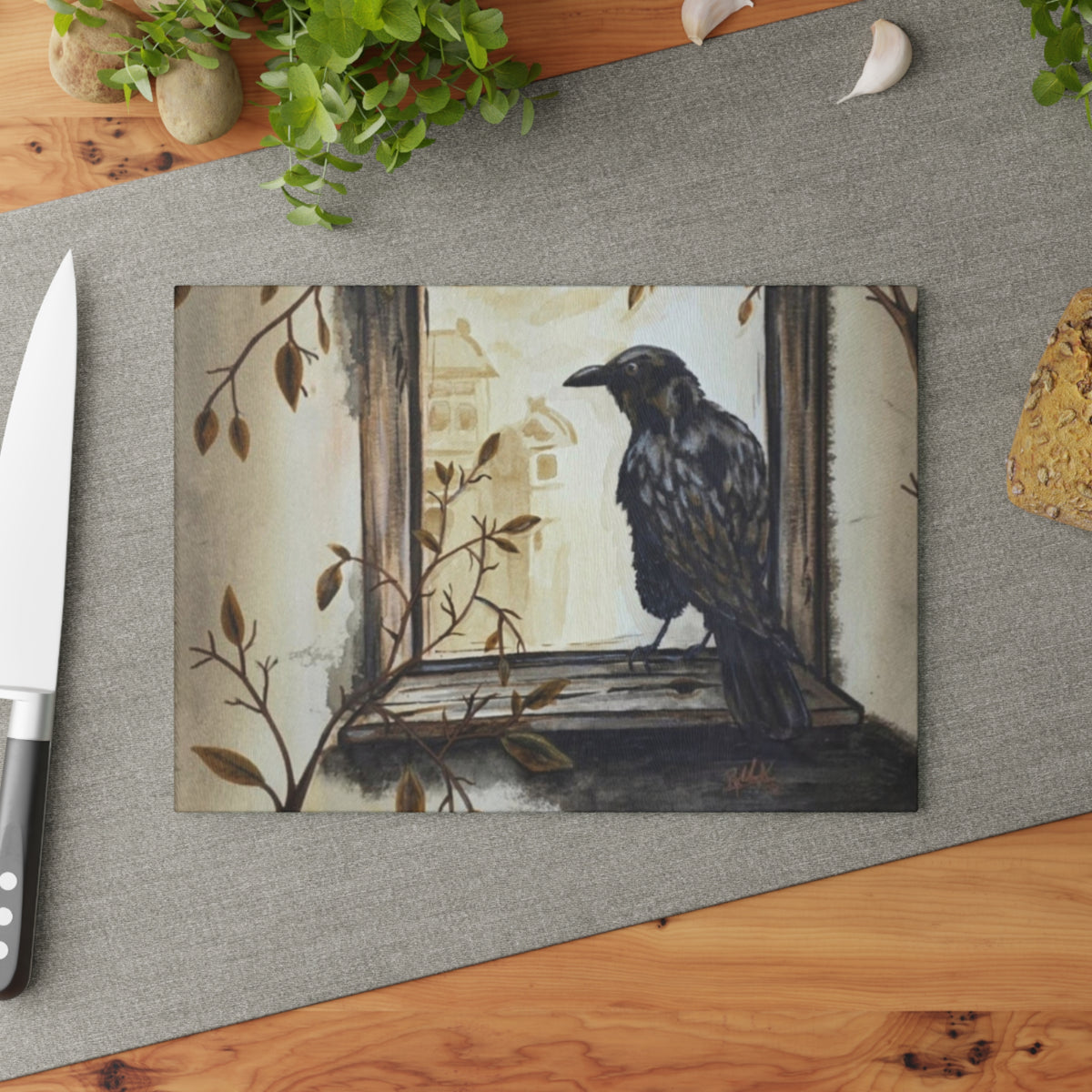 Raven Window Glass Cutting Board — Gothic Kitchen Decorative Chopping Board