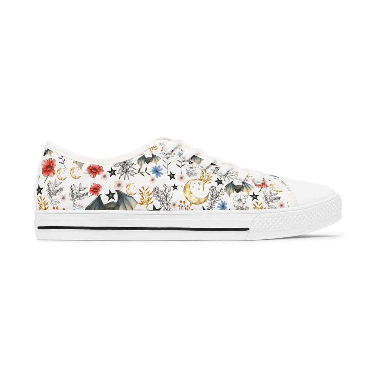 Floral Constellation Bat Low-Top Sneakers — Women's Casual Garden Print Shoes