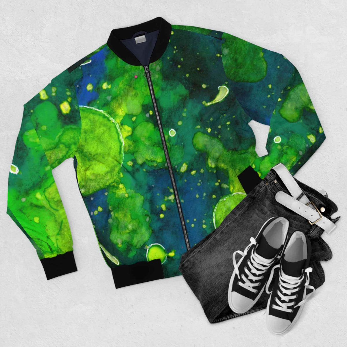 Green Nebula Bomber Jacket — Abstract Galaxy Print