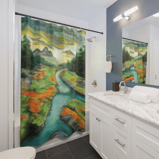 Landscape Shower Curtain — Serene River Valley Nature Scene