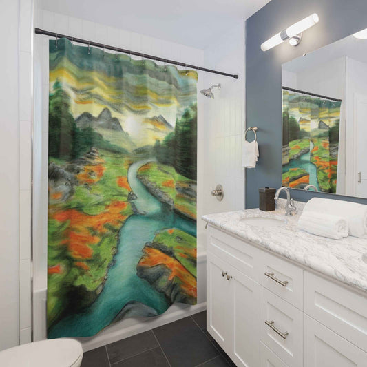 Landscape Shower Curtain — Serene River Valley Nature Scene