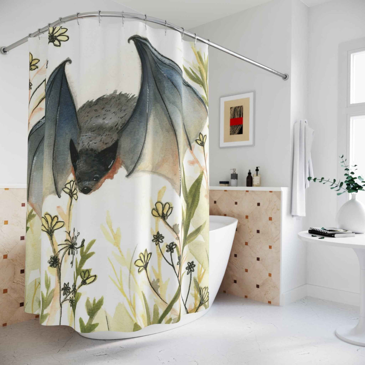 Bat Illustration Shower Curtain — Whimsical Watercolor Night Bat Bathroom Decor