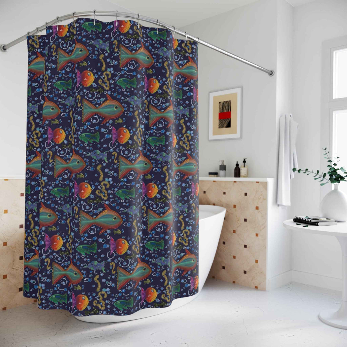 Underwater Fish Pattern Shower Curtain — Colorful Tropical Aquarium Design