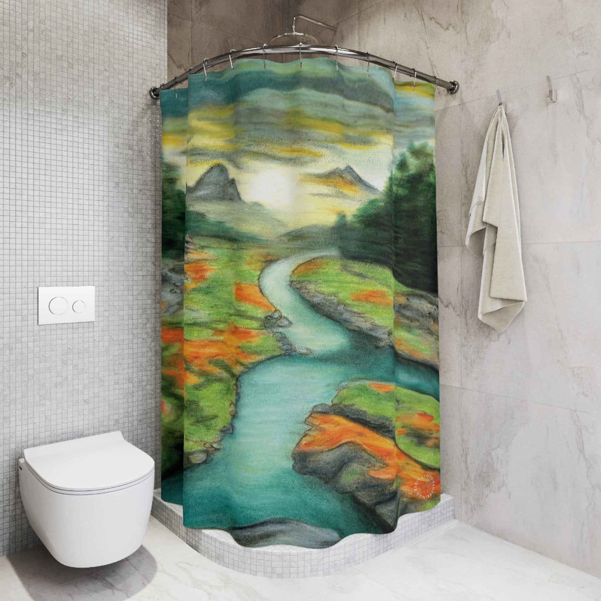 Landscape Shower Curtain — Serene River Valley Nature Scene