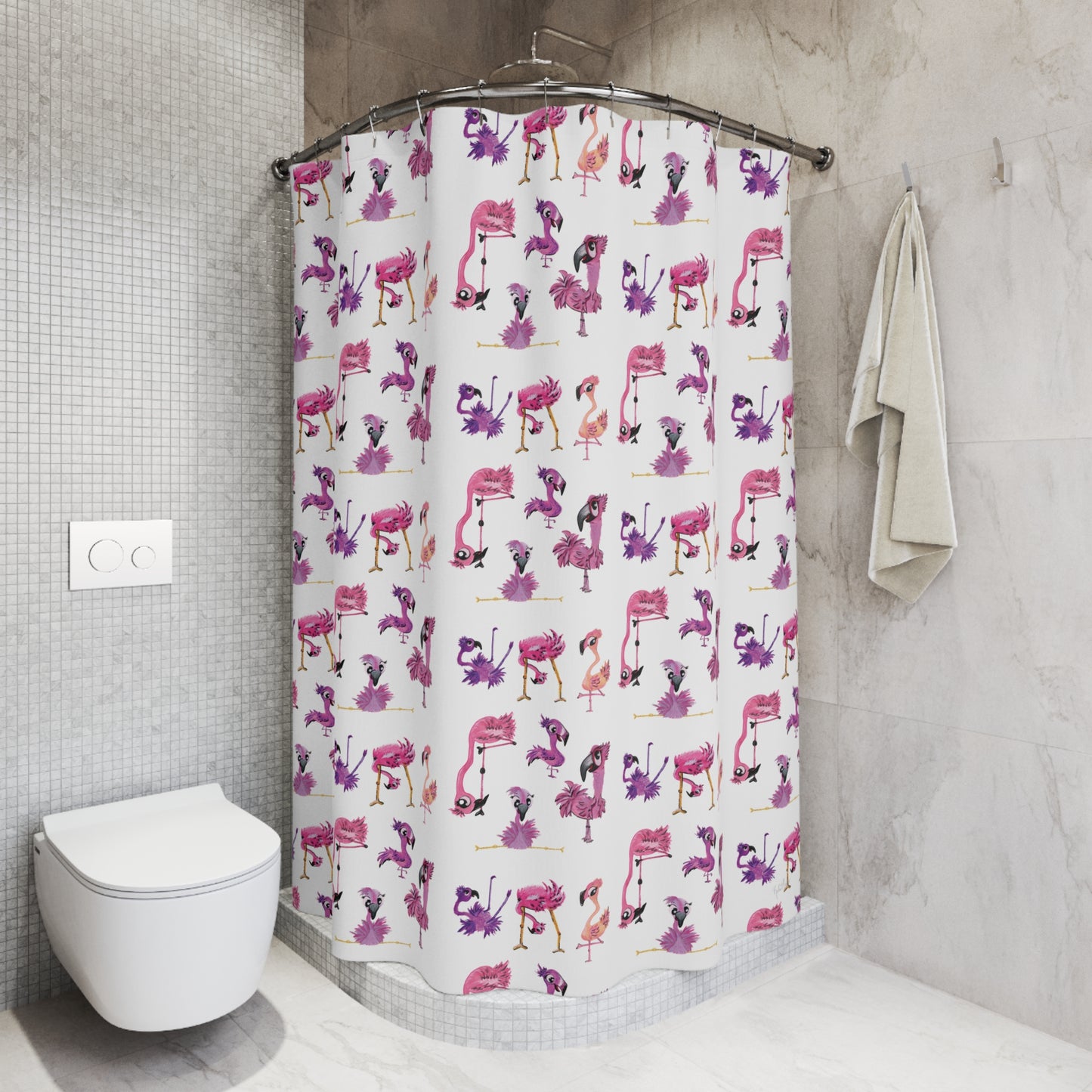 Flamingo Pattern Shower Curtain — Whimsical Pink & Purple Tropical Bath Decor