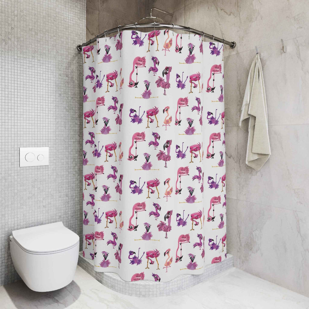 Flamingo Pattern Shower Curtain — Whimsical Pink & Purple Tropical Bath Decor