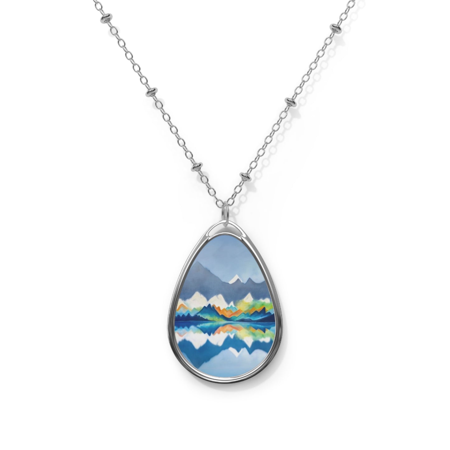Silver Oval Pendant Necklace with Hand-painted Blue Mountain Range Art