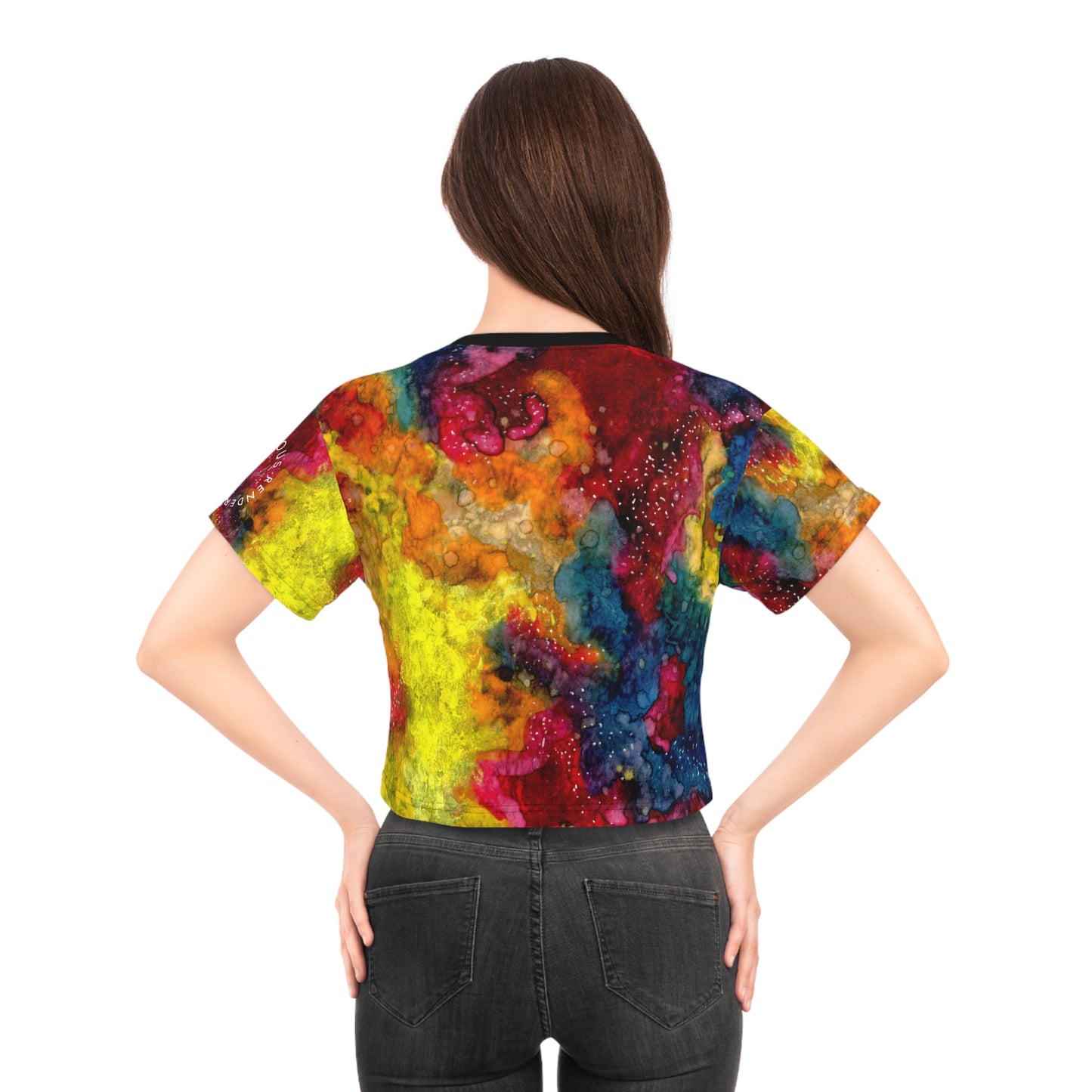 Abstract Rainbow Watercolor Crop Tee — Vibrant All-Over Print Top