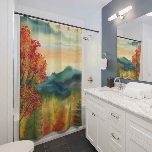 Autumn Mountain Landscape Shower Curtain — Watercolor Fall Trees Bathroom Decor