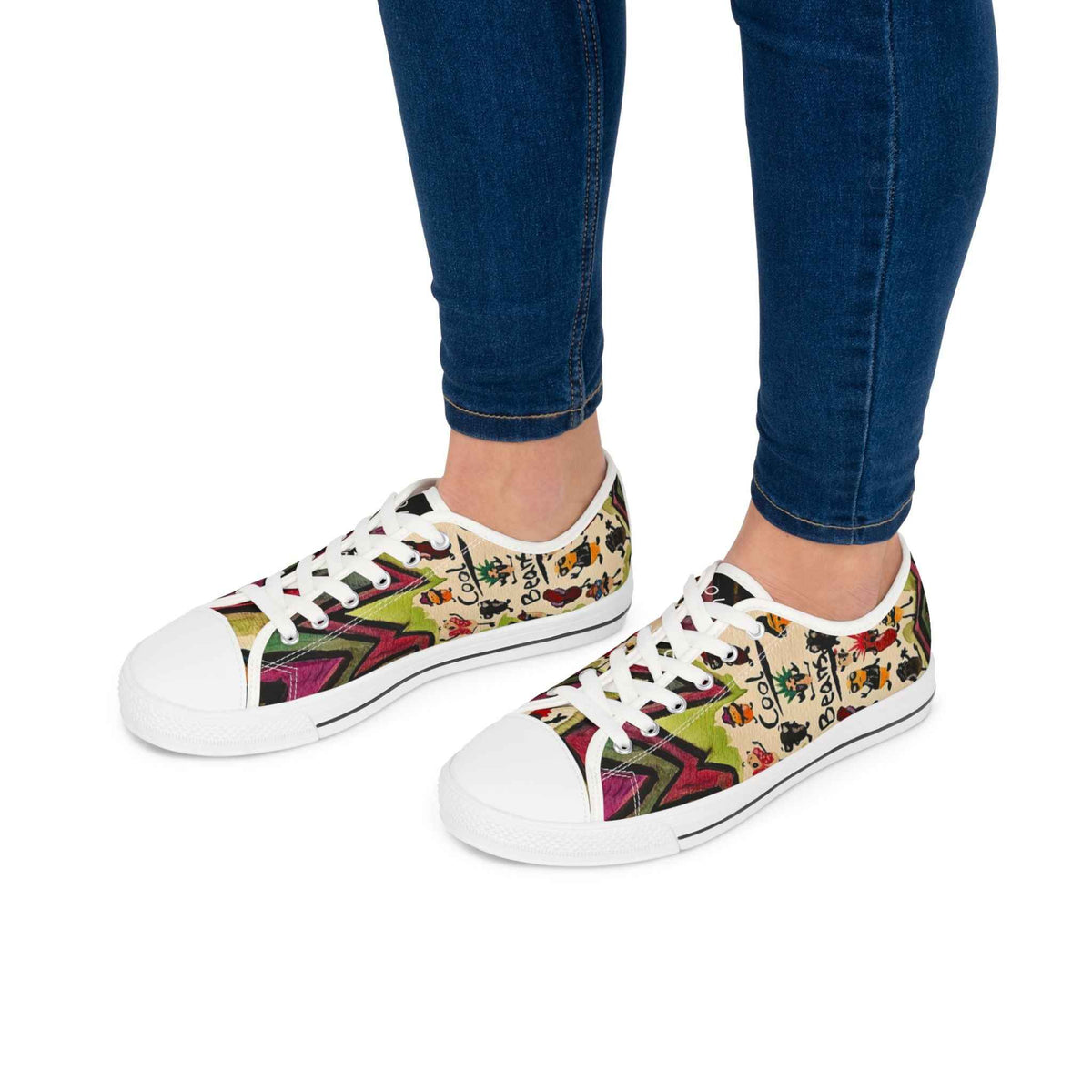 Low Top Sneakers — Colorful Boho Cool Beans Pattern Women's Canvas Shoes