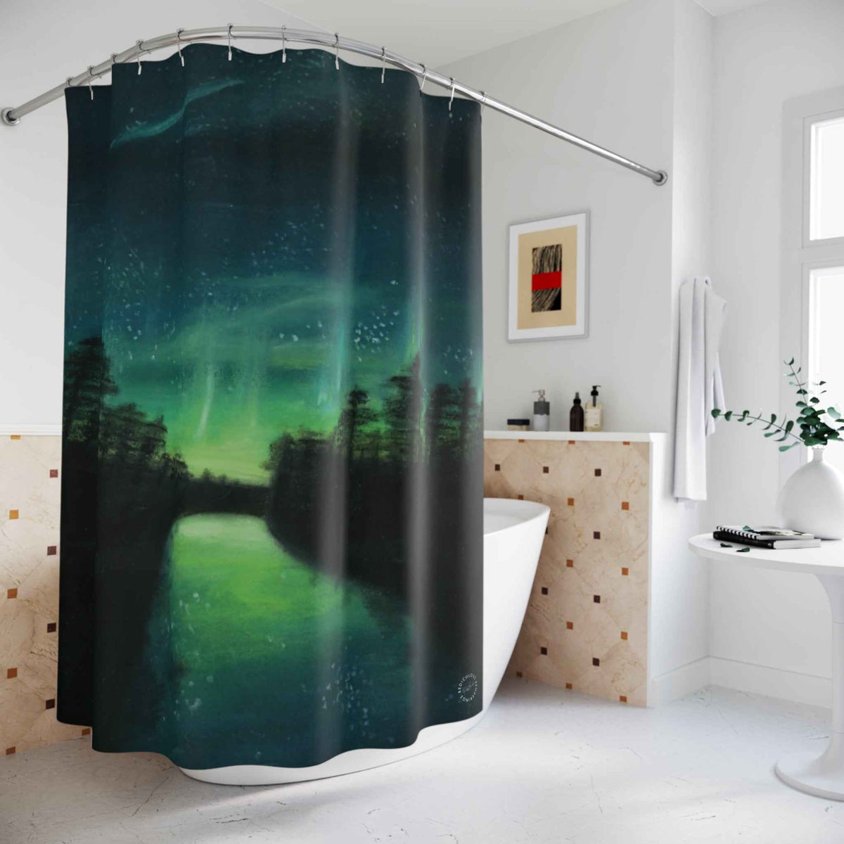 Aurora Forest Shower Curtain — Northern Lights Bathroom Decor