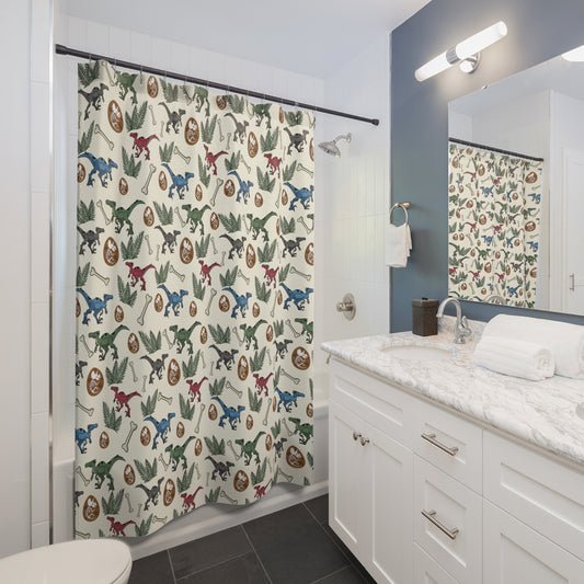 Vintage Dinosaur Pattern Shower Curtain — Retro Raptors, Fossils & Eggs Bathroom Decor