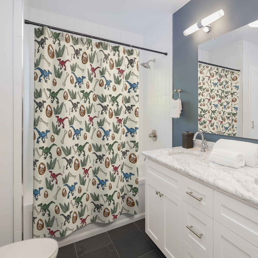 Vintage Dinosaur Pattern Shower Curtain — Retro Raptors, Fossils & Eggs Bathroom Decor