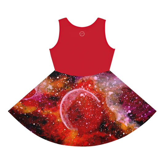 Dark Red Top Orange Moons Galaxy Girls' Sleeveless Sundress (AOP)