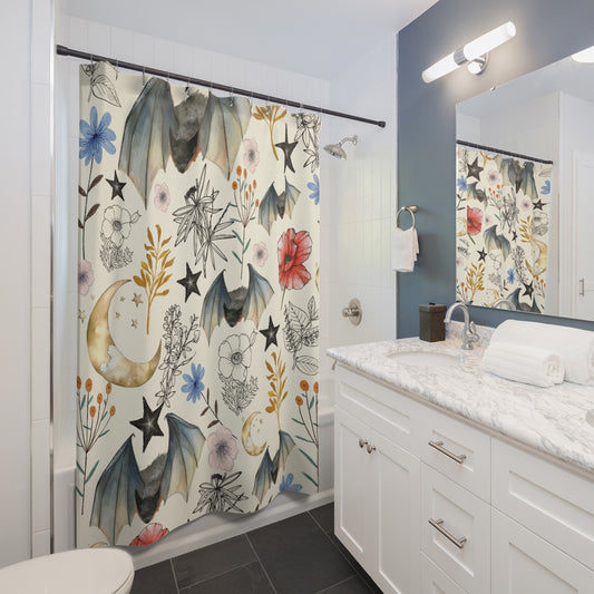 Bat & Moon Botanical Shower Curtain — Watercolor Floral Halloween Bathroom Decor