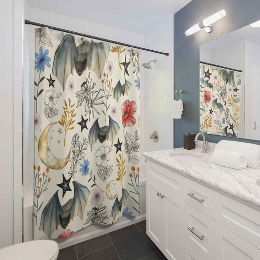 Bat & Moon Botanical Shower Curtain — Watercolor Floral Halloween Bathroom Decor