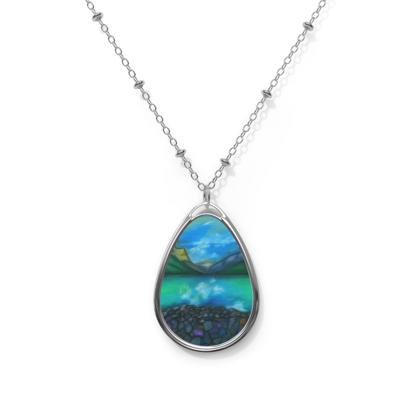 Silver Oval Pendant Necklace with Hand-painted Teal Mountain Lake Nature Art