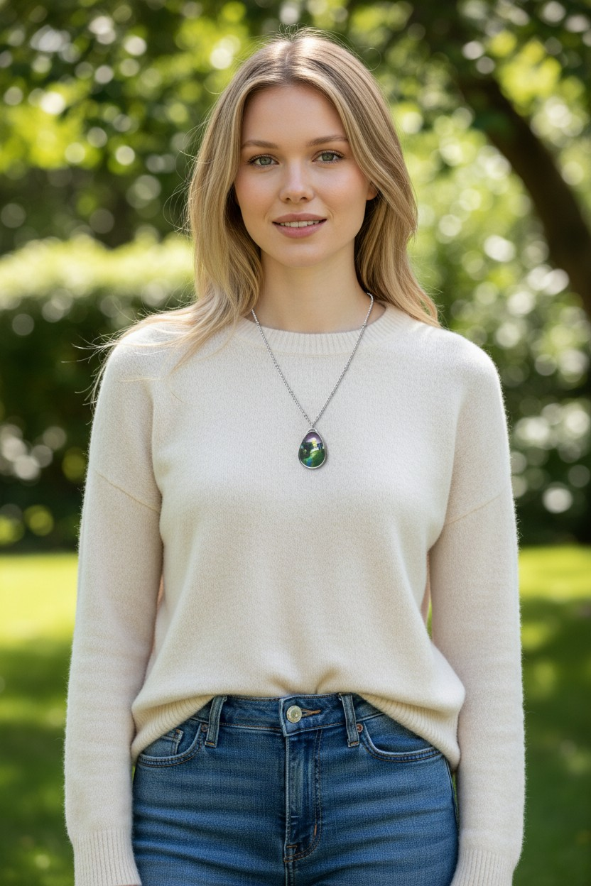 Silver Oval Pendant Necklace with Hand-painted Boho Forest Moon Nature Art