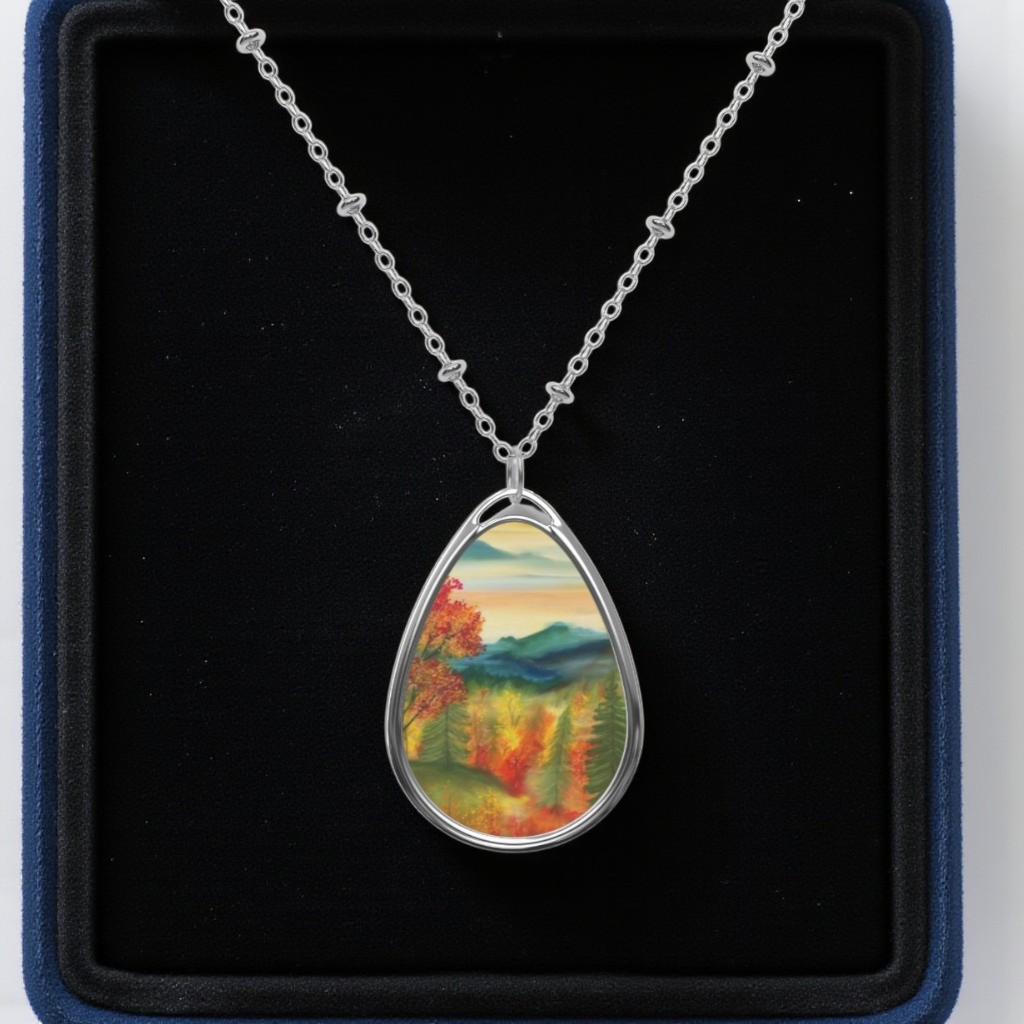 Silver Oval Pendant Necklace with Hand-painted Boho Fall Forest Nature Art