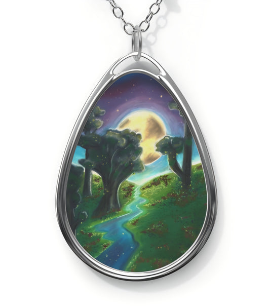 Silver Oval Pendant Necklace with Hand-painted Boho Forest Moon Nature Art