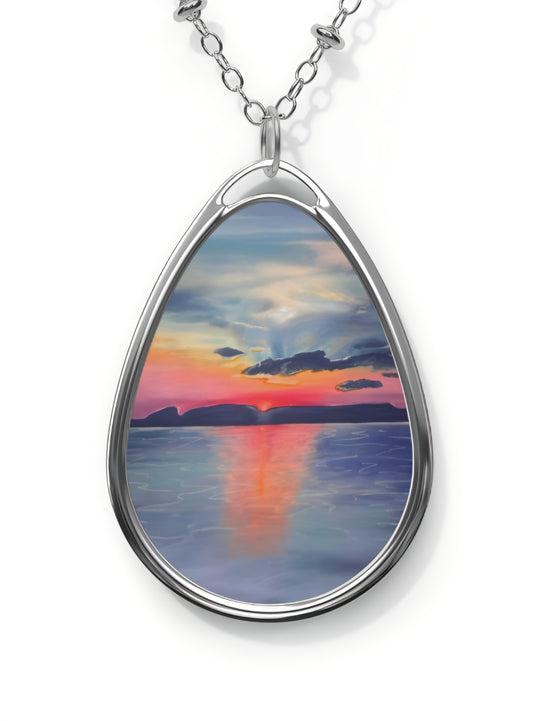 Silver Oval Pendant Necklace with Hand-painted Boho Sleeping Giant Sunrise Nature Art
