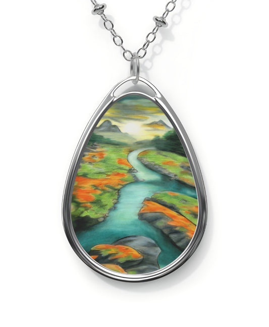 Silver Oval Pendant Necklace with Hand-painted Boho Winding River Nature Art