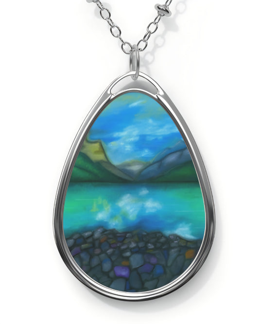 Silver Oval Pendant Necklace with Hand-painted Teal Mountain Lake Nature Art