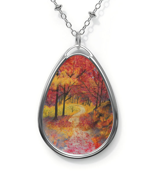 Silver Oval Pendant Necklace with Hand-painted Fall Forest Road Nature Art