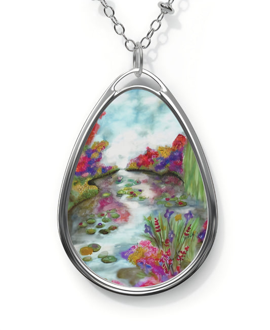 Silver Oval Pendant Necklace with Hand-painted Flowers on the Pond Nature Art