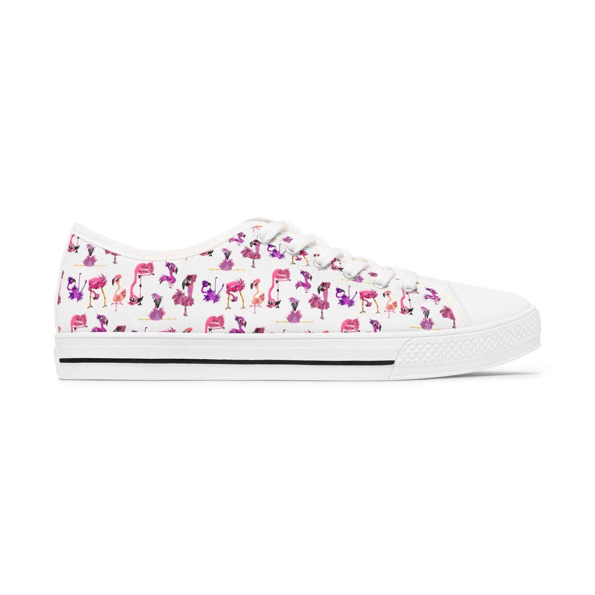 Women's Low Top Sneakers — White Backed Pink Flamingo Pattern Casual Canvas Shoes