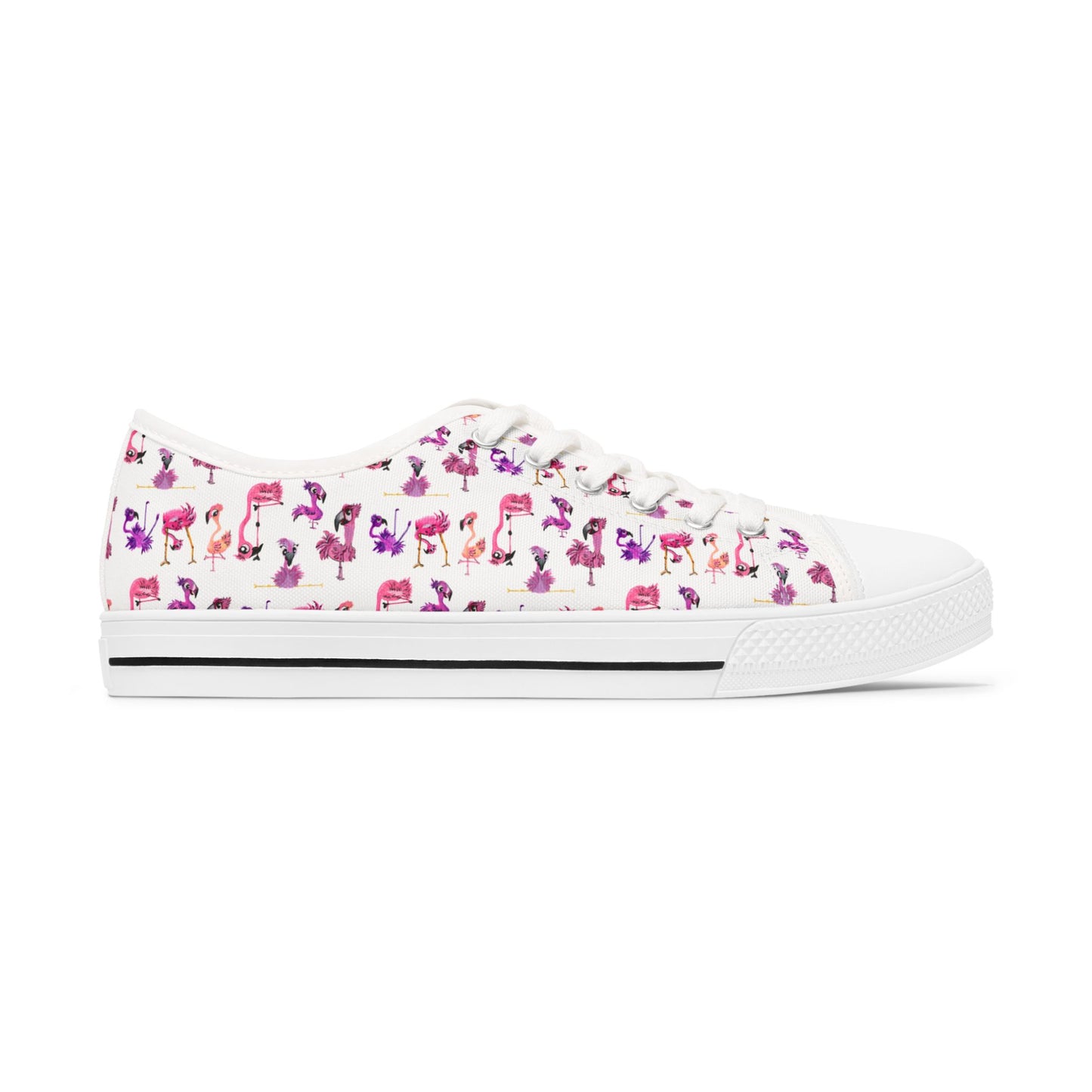 Women's Low Top Sneakers — White Backed Pink Flamingo Pattern Casual Canvas Shoes