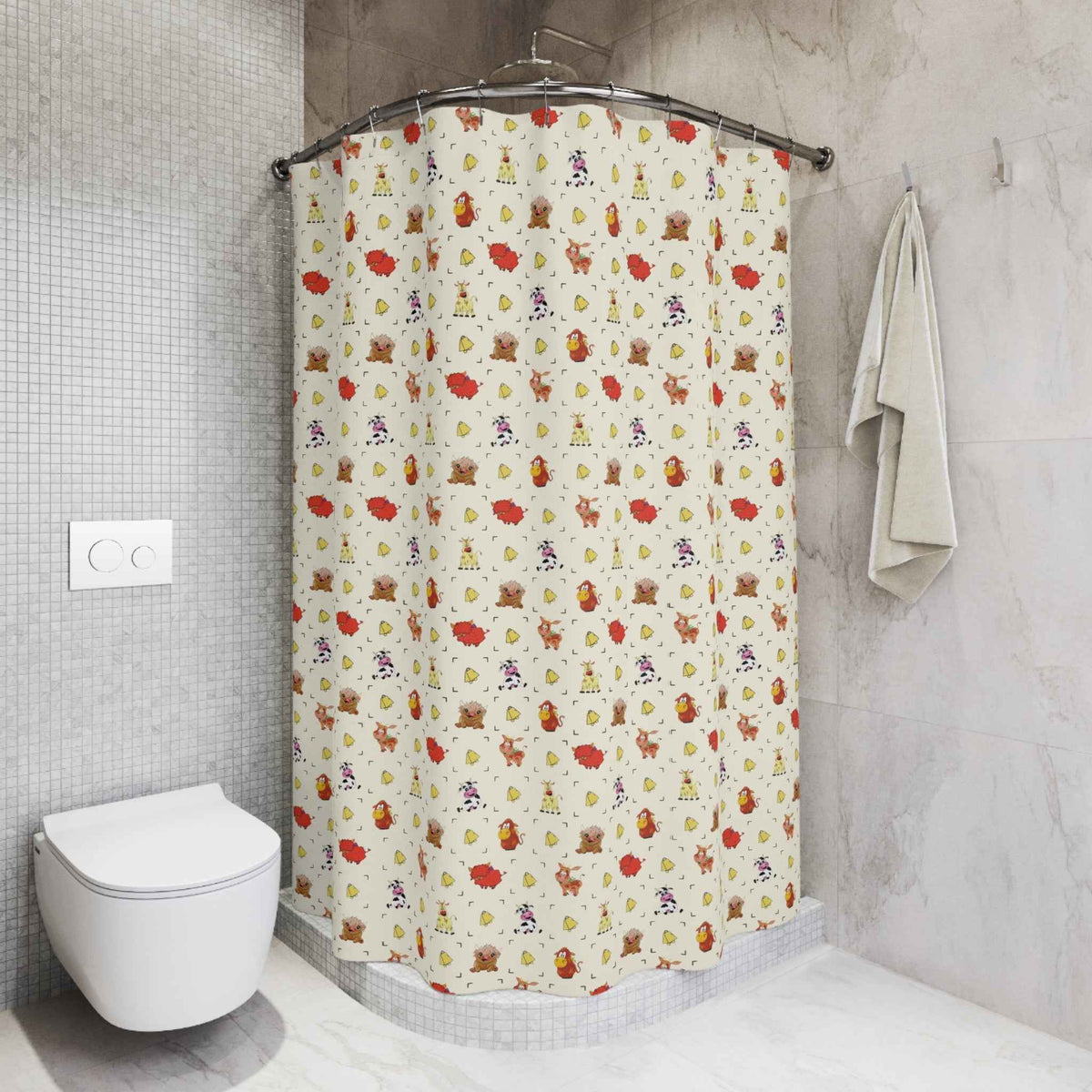 Woodland Cowbell Shower Curtain — Cute Farm Animals & Cow Bells Bathroom Decor