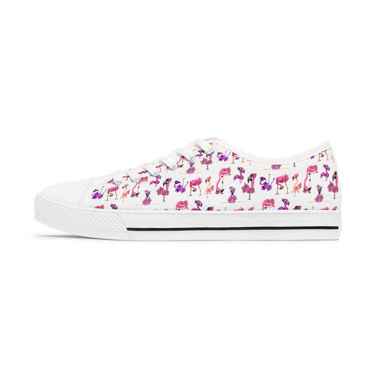 Women's Low Top Sneakers — White Backed Pink Flamingo Pattern Casual Canvas Shoes