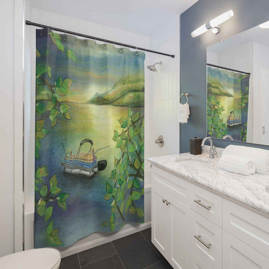 Lakefront Boat Shower Curtain — Peaceful Green Lake Scene Bathroom Decor