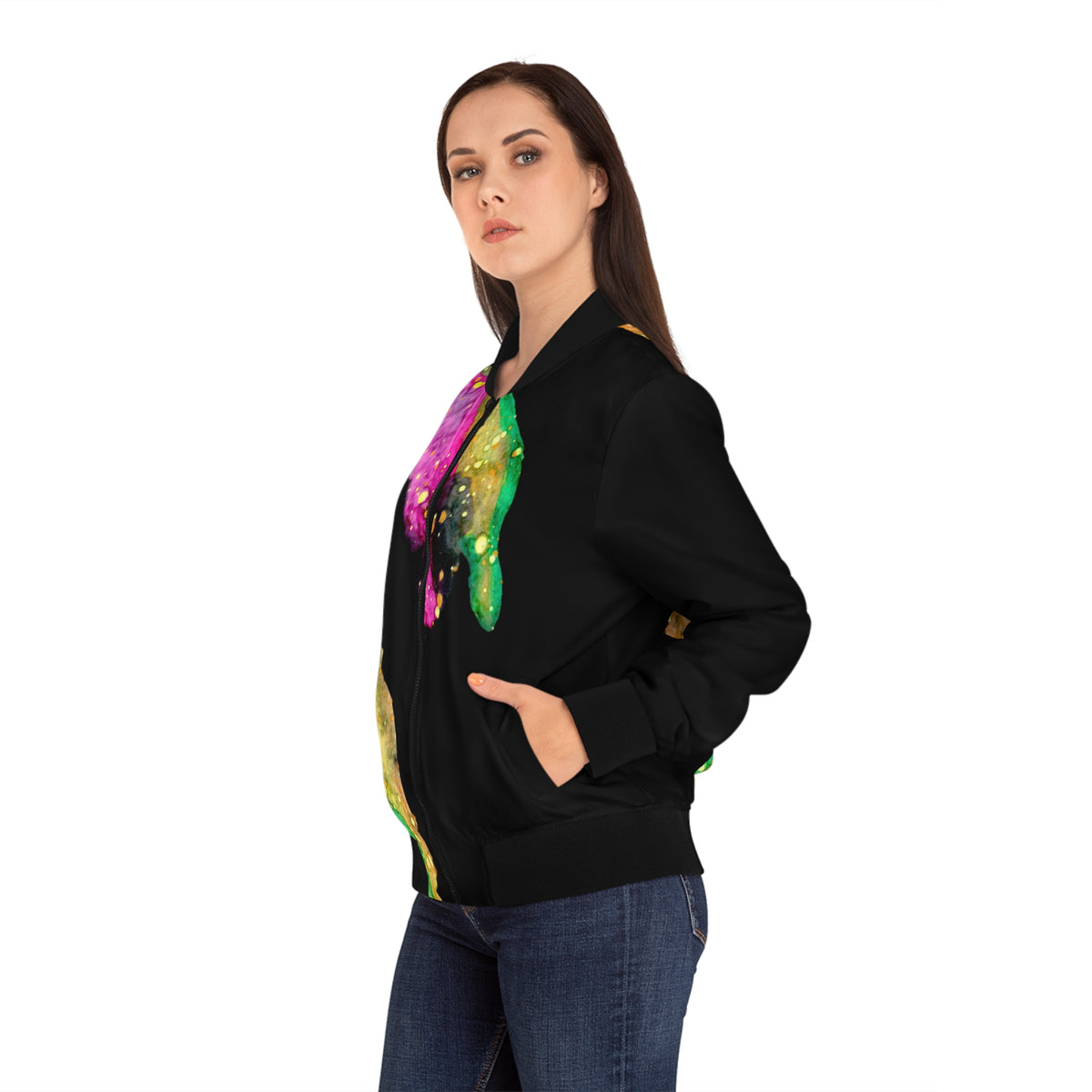 Abstract Watercolor Bomber Jacket — Vibrant Galaxy Paint Splatter AOP