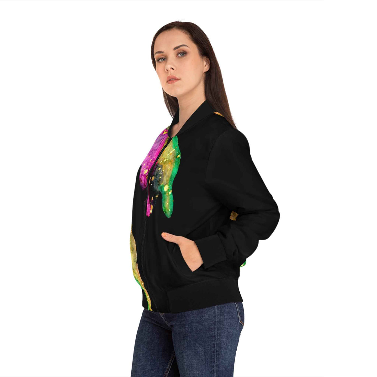Abstract Watercolor Bomber Jacket — Vibrant Galaxy Paint Splatter AOP