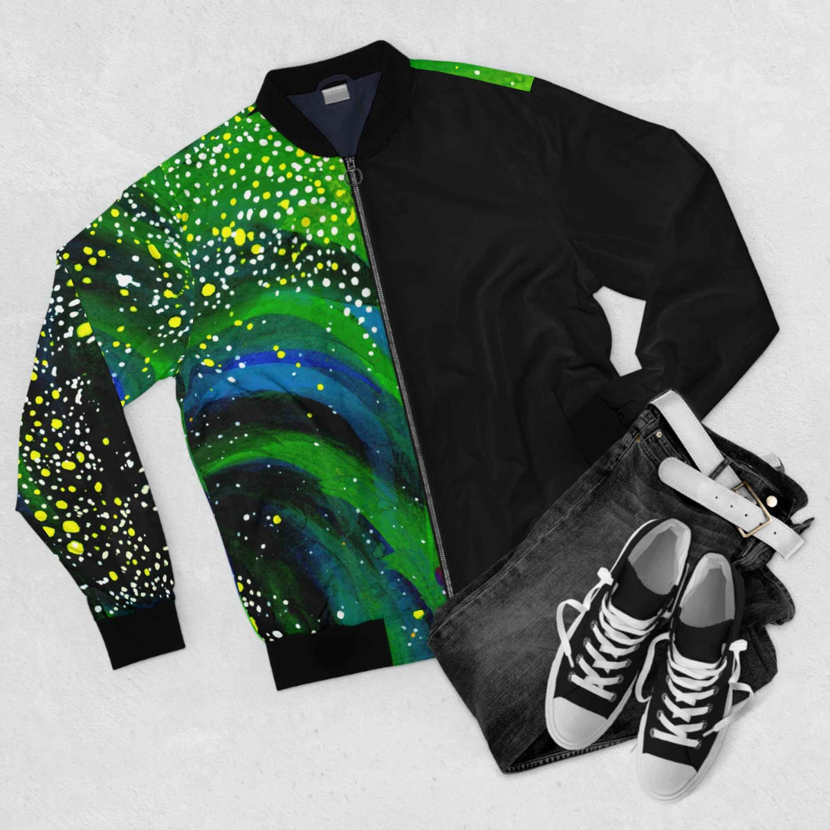 Galaxy Swirl Bomber Jacket — Green Nebula AOP Flight Jacket