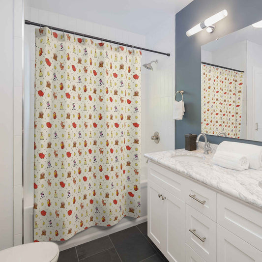 Woodland Cowbell Shower Curtain — Cute Farm Animals & Cow Bells Bathroom Decor