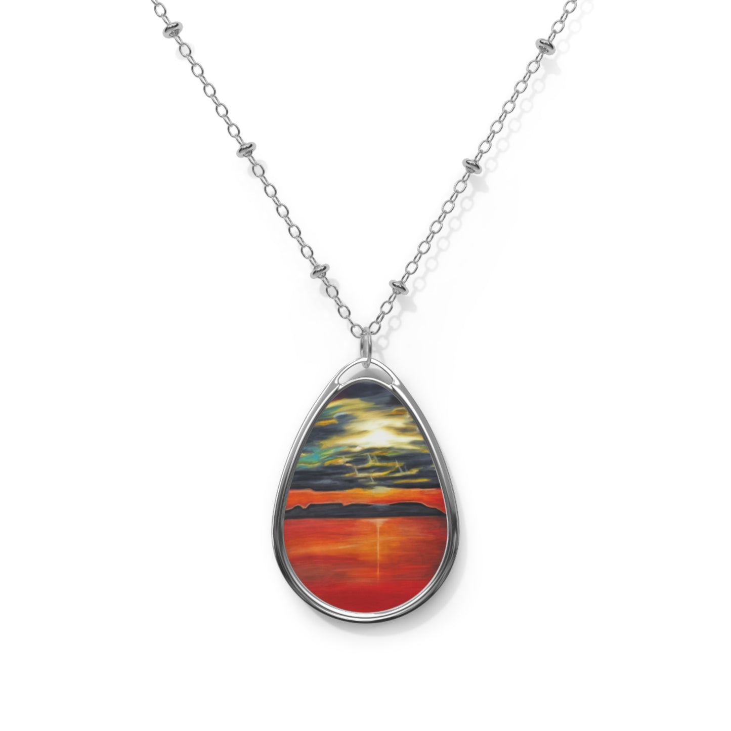 Silver Oval Pendant Necklace with Hand-painted Sleeping Giant Sunset Art