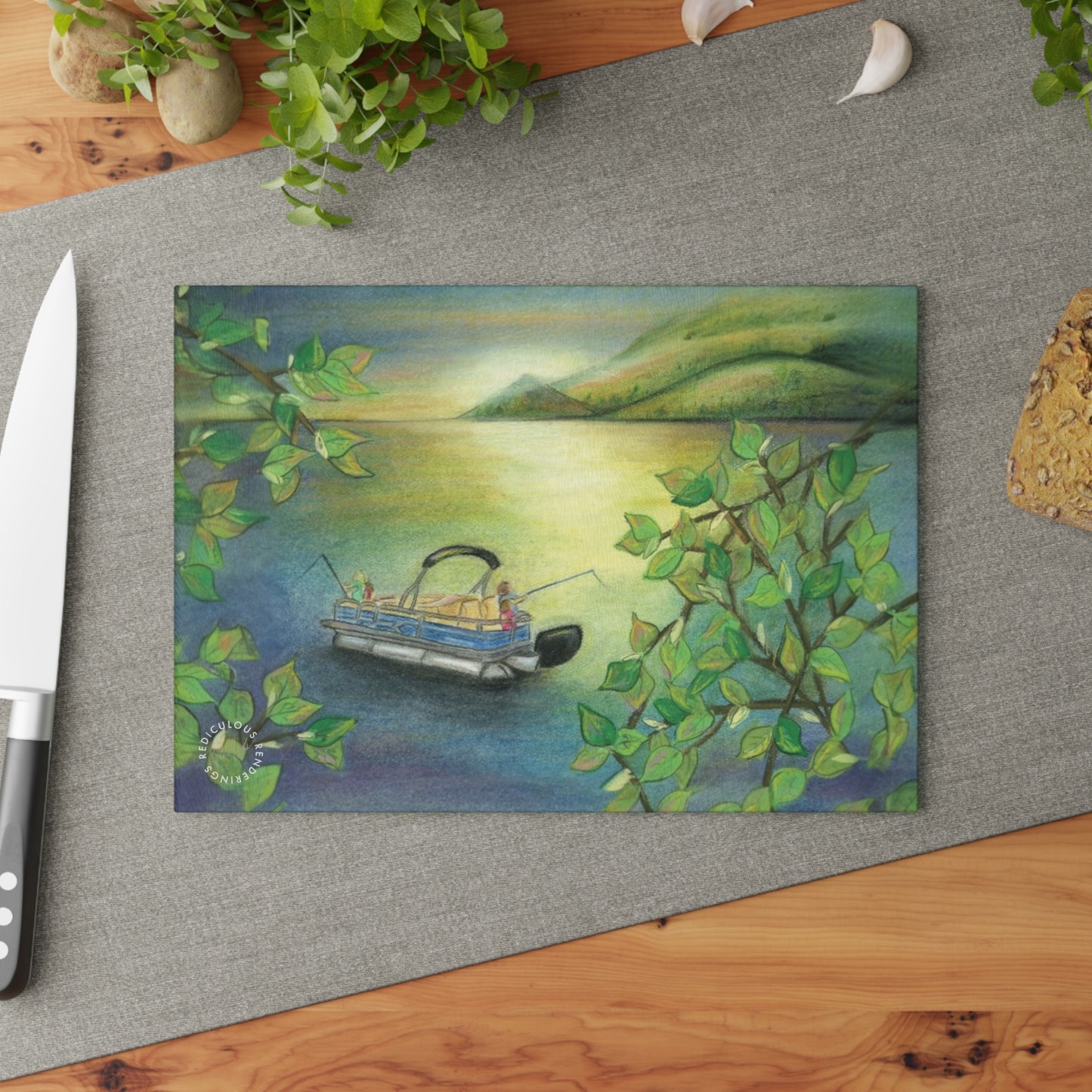 Lakefront Pontoon Glass Cutting Board – Tranquil Boating Kitchen Décor