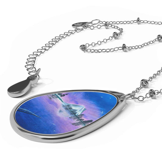 Silver Oval Pendant Necklace with Hand-painted Purple Mountain Nature Art