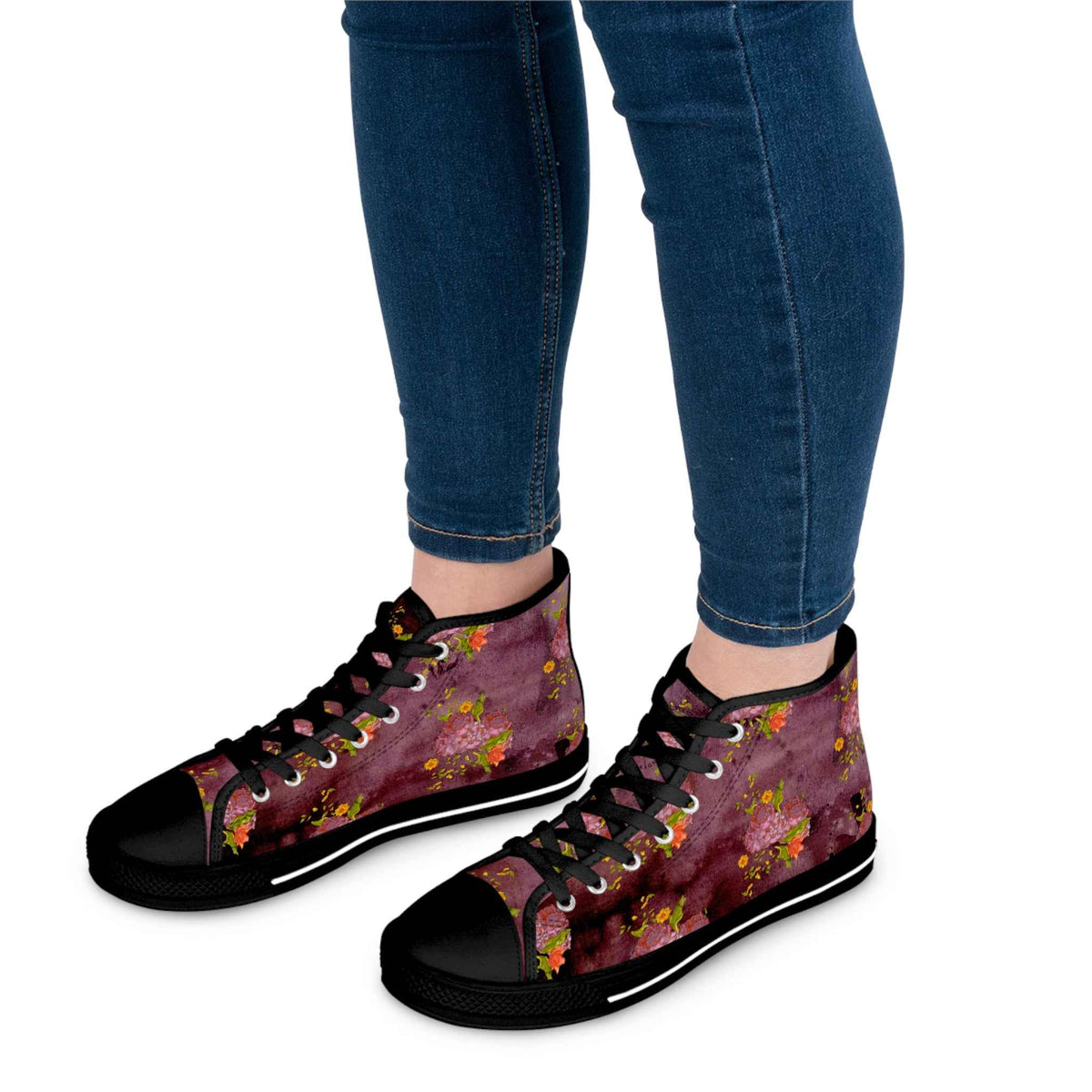 Floral Burgundy High Top Sneakers — Women's Artistic Rose Pattern