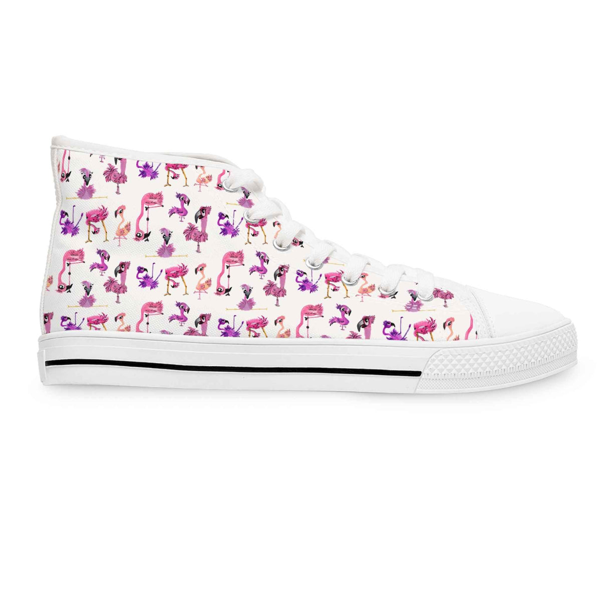 High Top Sneakers — White Pink & Purple Flamingo Pattern (Women’s)